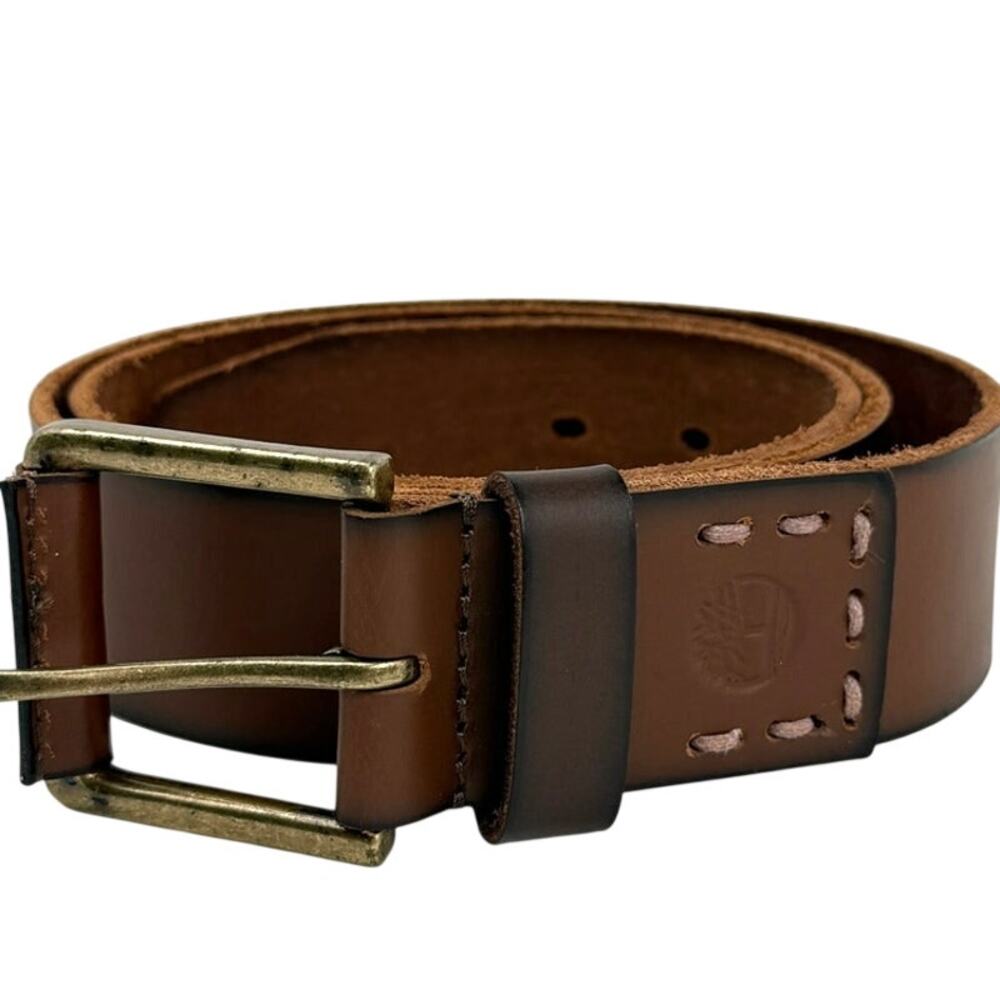 Timberland Leather Belt Brown Brass-Tone Buckle Classic Mens M